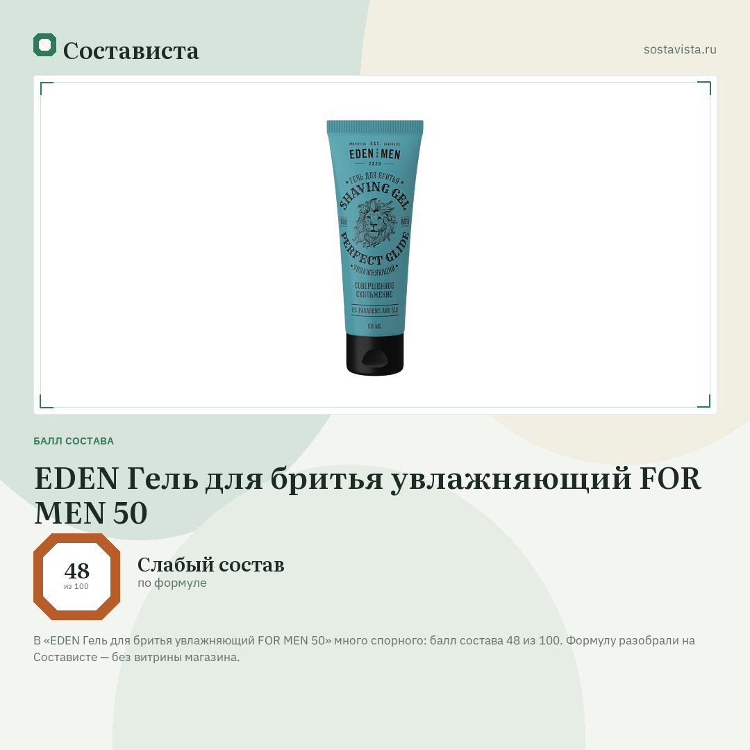EDEN Гель для бритья увлажняющий FOR MEN 50: балл состава 48 из 100 — Состависта