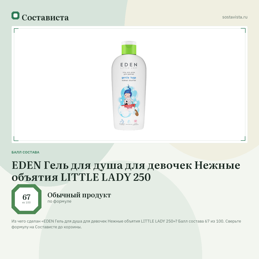 EDEN Гель для душа для девочек Нежные объятия LITTLE LADY 250: балл состава 67 из 100 — Состависта