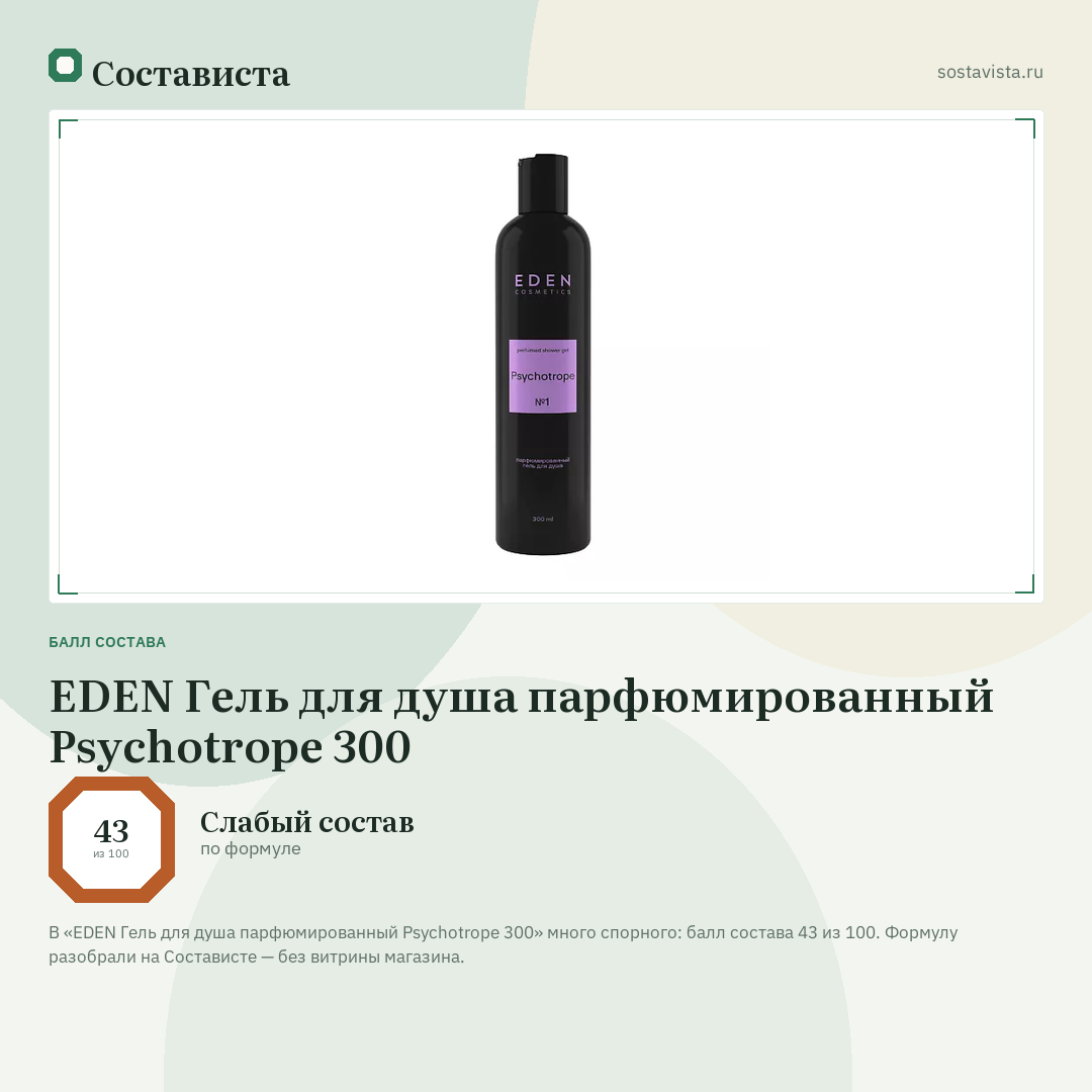 EDEN Гель для душа парфюмированный Psychotrope 300: балл состава 43 из 100 — Состависта