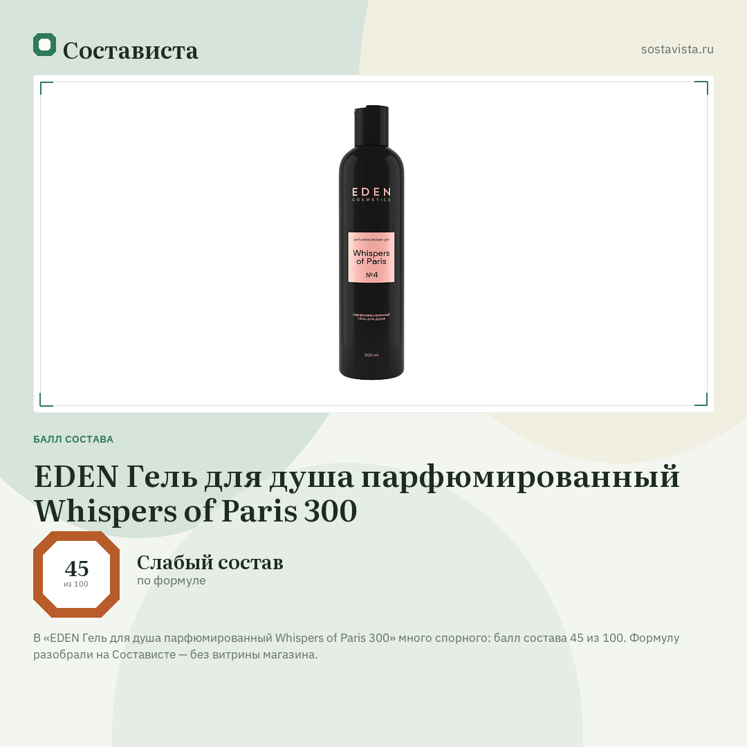 EDEN Гель для душа парфюмированный Whispers of Paris 300: балл состава 45 из 100 — Состависта