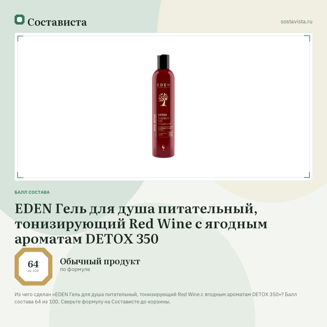 EDEN Гель для душа питательный, тонизирующий Red Wine с ягодным ароматам DETOX 350: балл состава 64 из 100 — Состависта