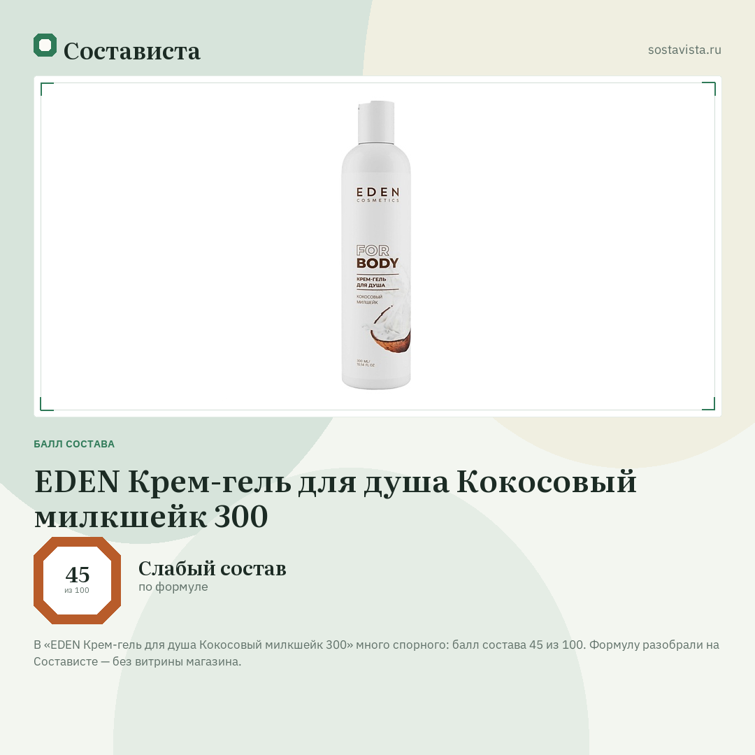 EDEN Крем-гель для душа Кокосовый милкшейк 300: балл состава 45 из 100 — Состависта