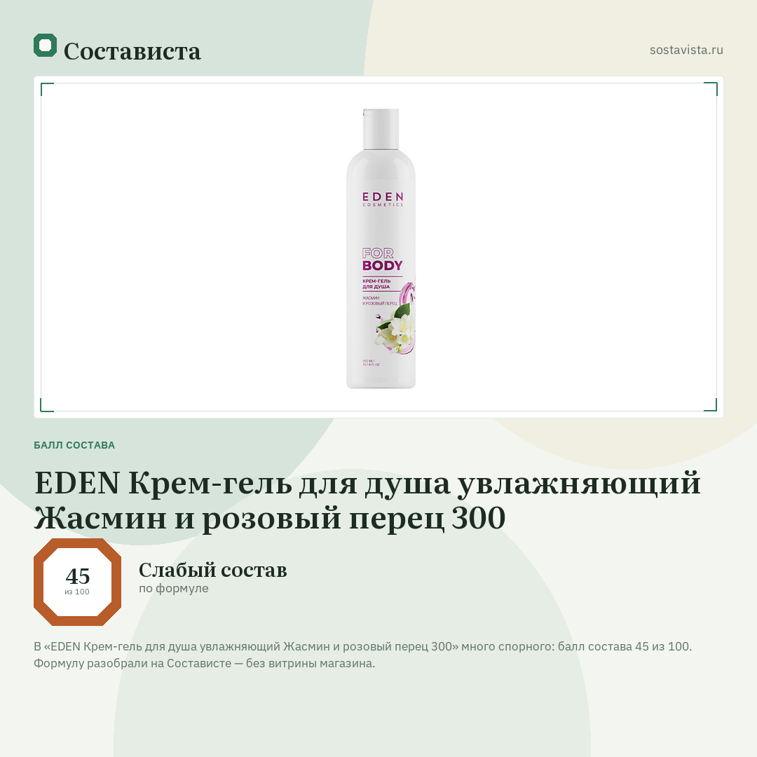 EDEN Крем-гель для душа увлажняющий Жасмин и розовый перец 300: балл состава 45 из 100 — Состависта