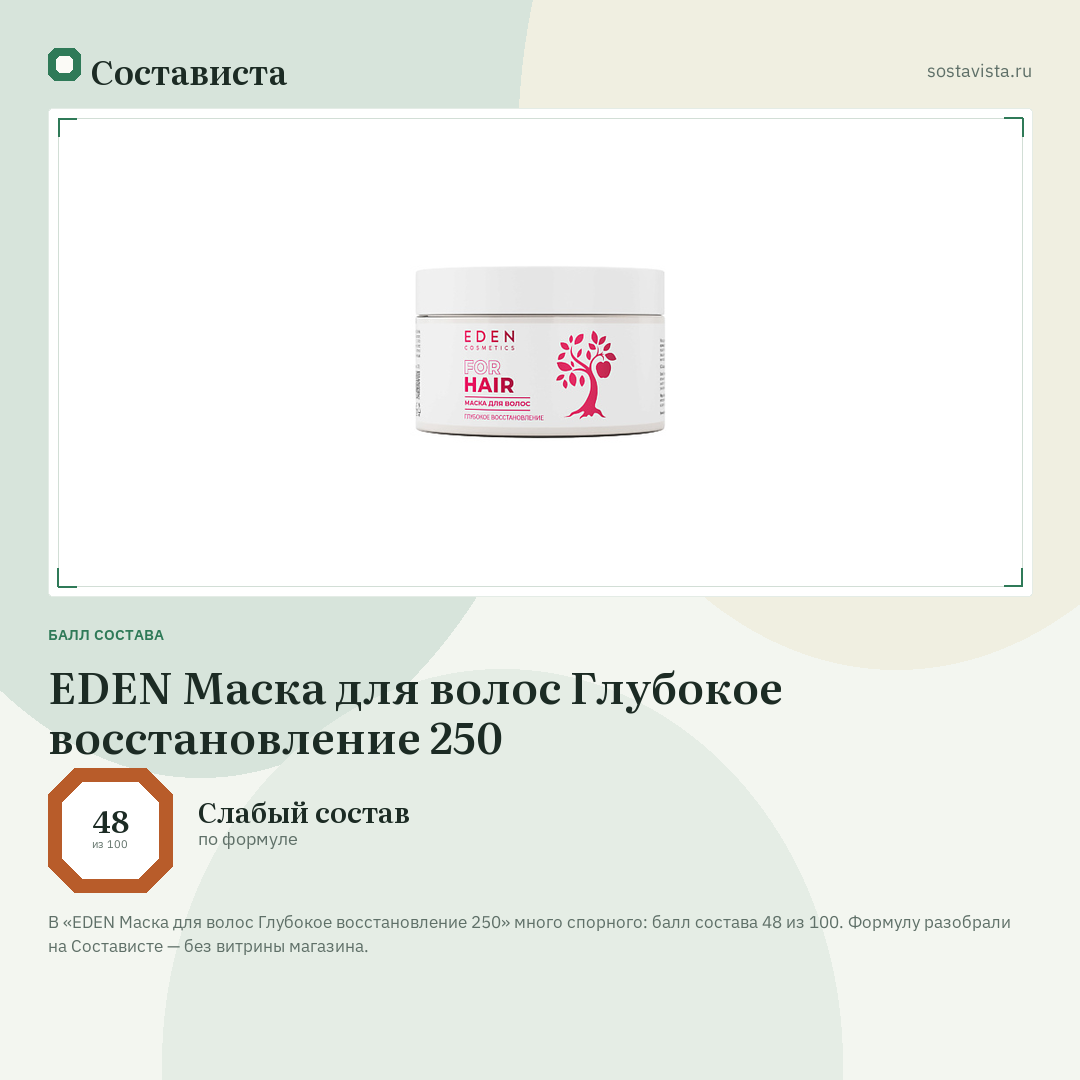 EDEN Маска для волос Глубокое восстановление 250: балл состава 48 из 100 — Состависта