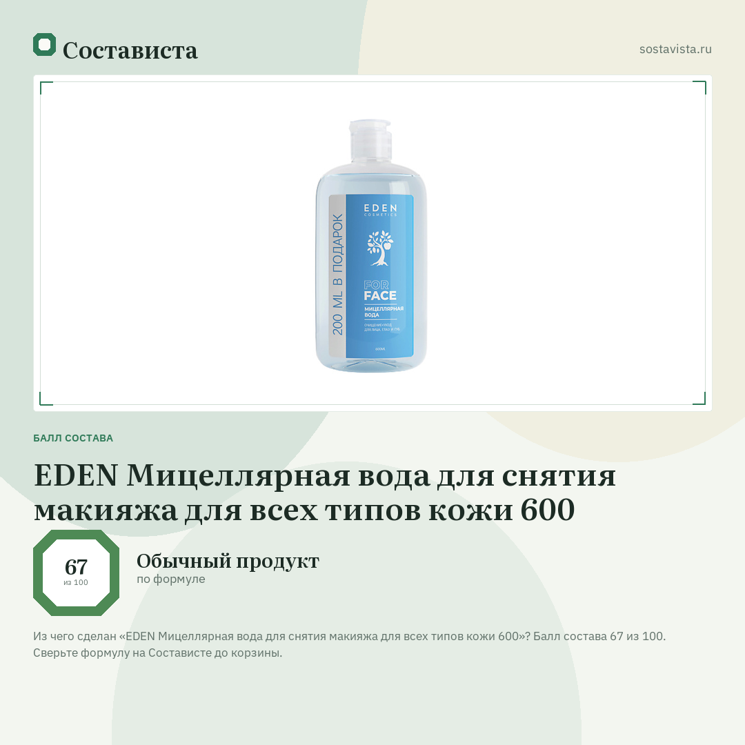 EDEN Мицеллярная вода для снятия макияжа для всех типов кожи 600: балл состава 67 из 100 — Состависта