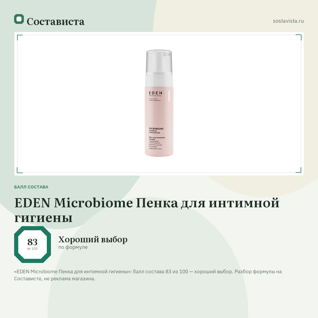 EDEN Microbiome Пенка для интимной гигиены: балл состава 83 из 100 — Состависта