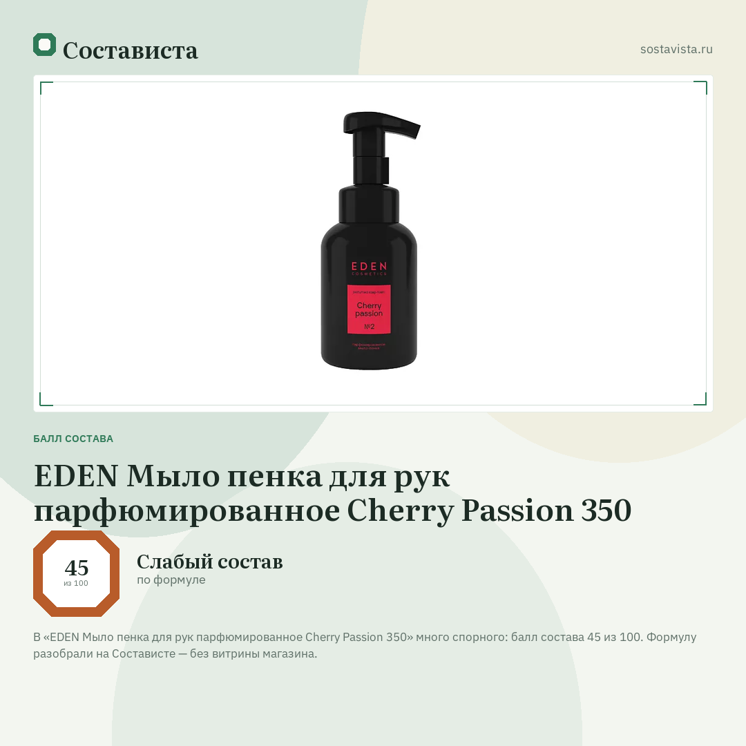 EDEN Мыло пенка для рук парфюмированное Cherry Passion 350: балл состава 45 из 100 — Состависта