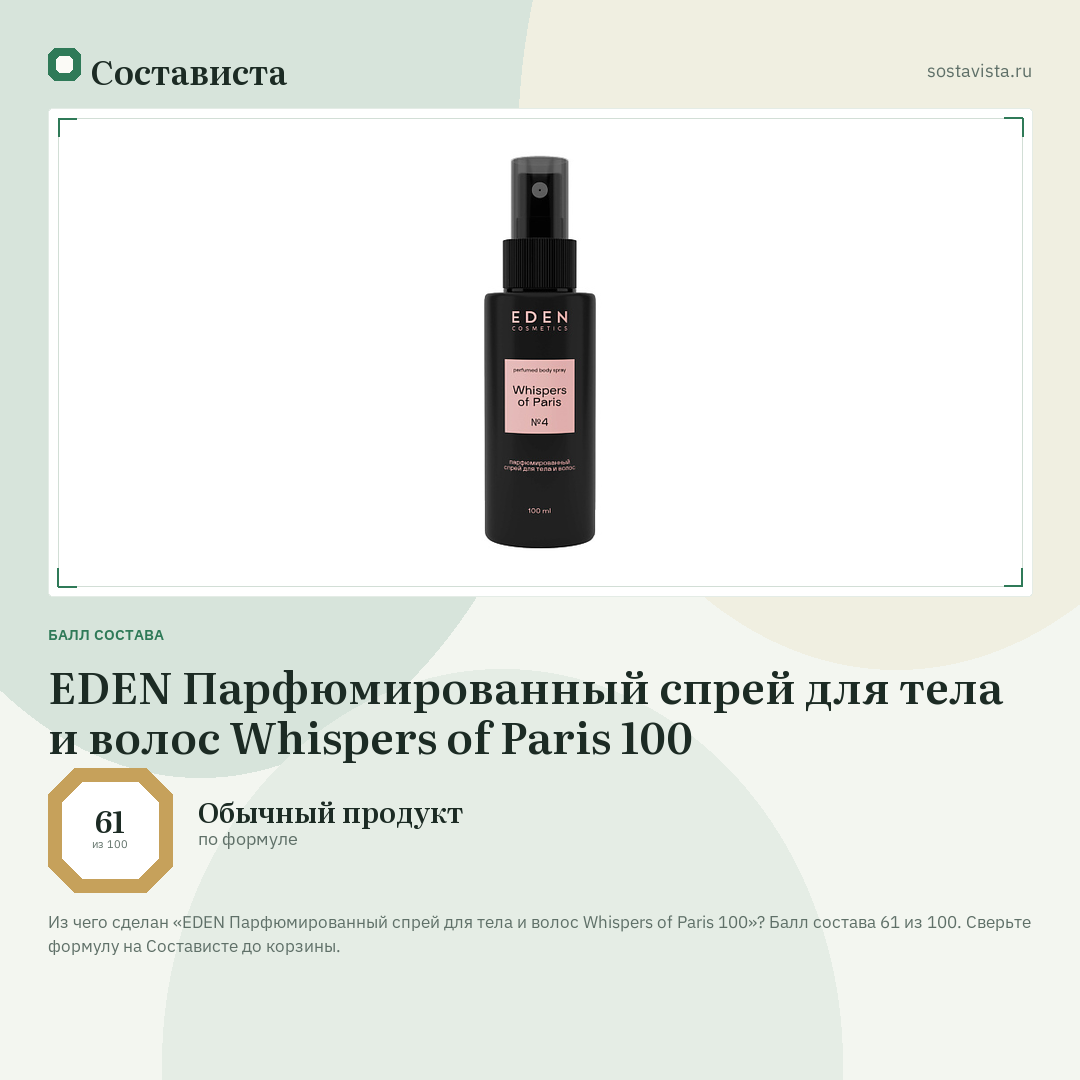 EDEN Парфюмированный спрей для тела и волос Whispers of Paris 100: балл состава 61 из 100 — Состависта