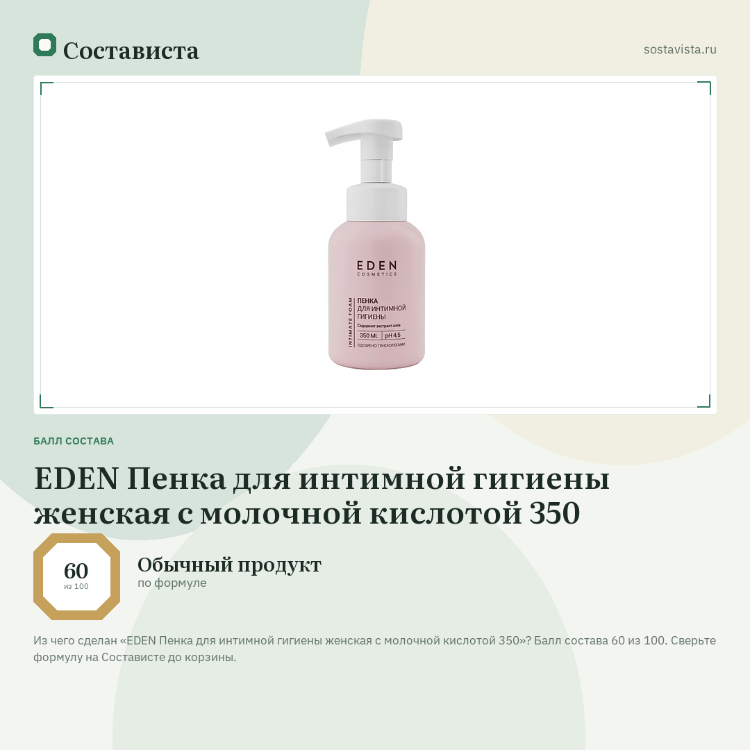 EDEN Пенка для интимной гигиены женская с молочной кислотой 350: балл состава 60 из 100 — Состависта