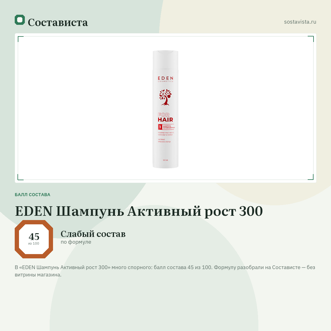 EDEN Шампунь Активный рост 300: балл состава 45 из 100 — Состависта
