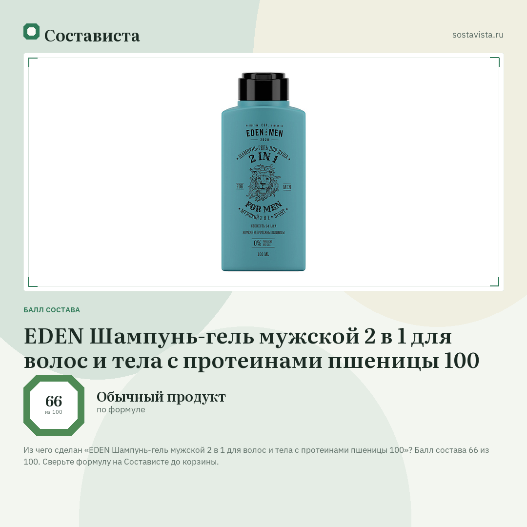 EDEN Шампунь-гель мужской 2 в 1 для волос и тела с протеинами пшеницы 100: балл состава 66 из 100 — Состависта