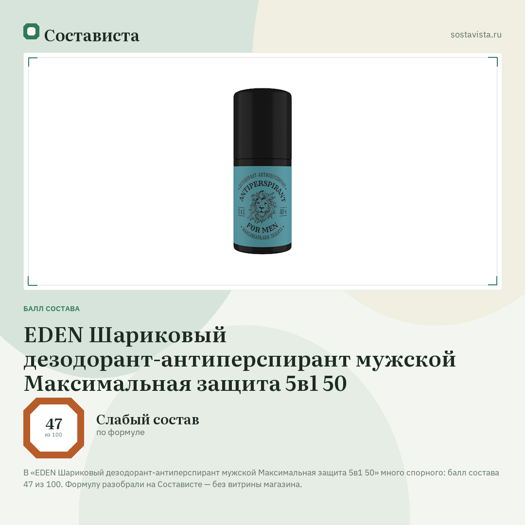 EDEN Шариковый дезодорант-антиперспирант мужской Максимальная защита 5в1 50: балл состава 47 из 100 — Состависта