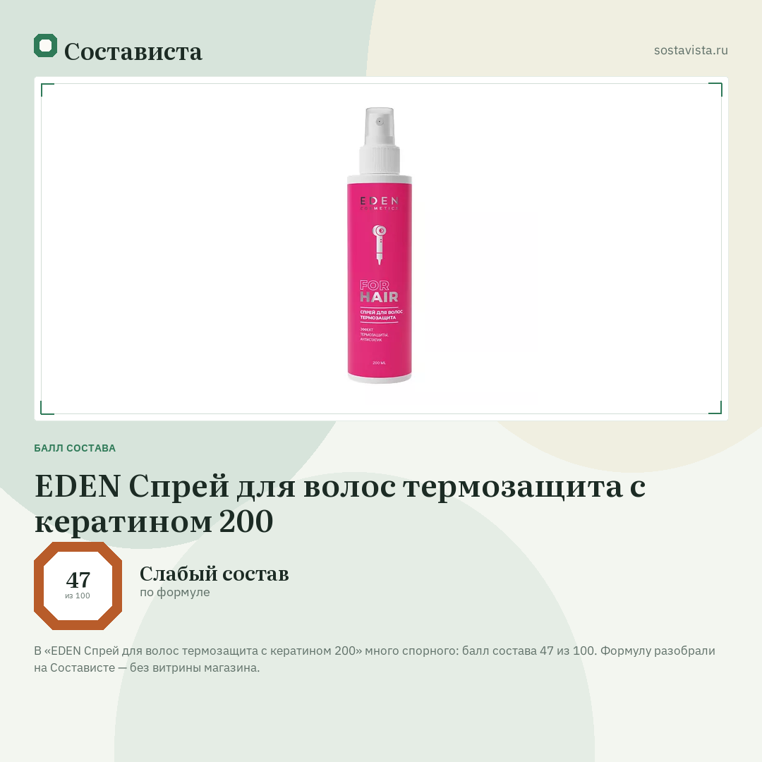 EDEN Спрей для волос термозащита с кератином 200: балл состава 47 из 100 — Состависта