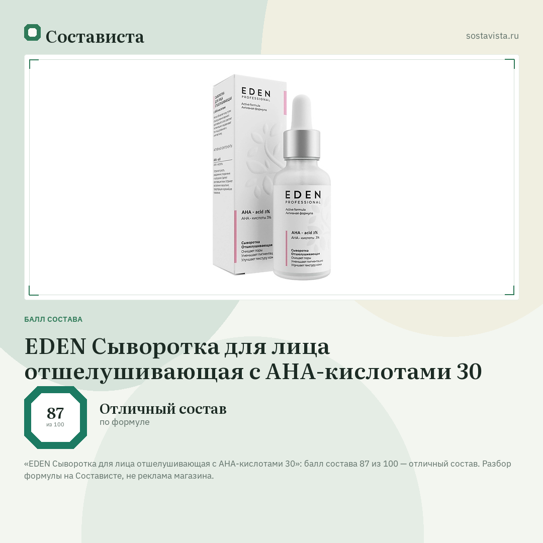 EDEN Сыворотка для лица отшелушивающая с AHA-кислотами 30: балл состава 87 из 100 — Состависта