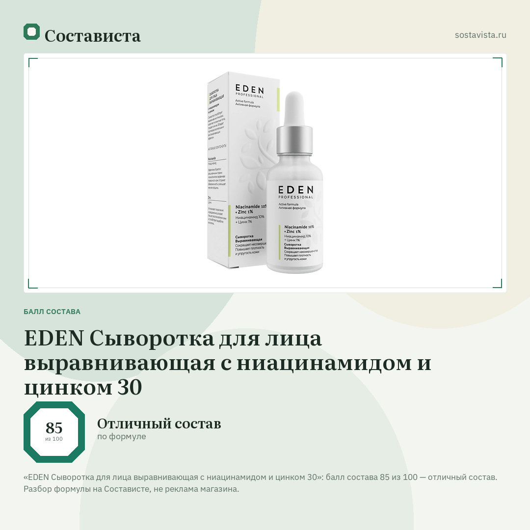EDEN Сыворотка для лица выравнивающая с ниацинамидом и цинком 30: балл состава 85 из 100 — Состависта
