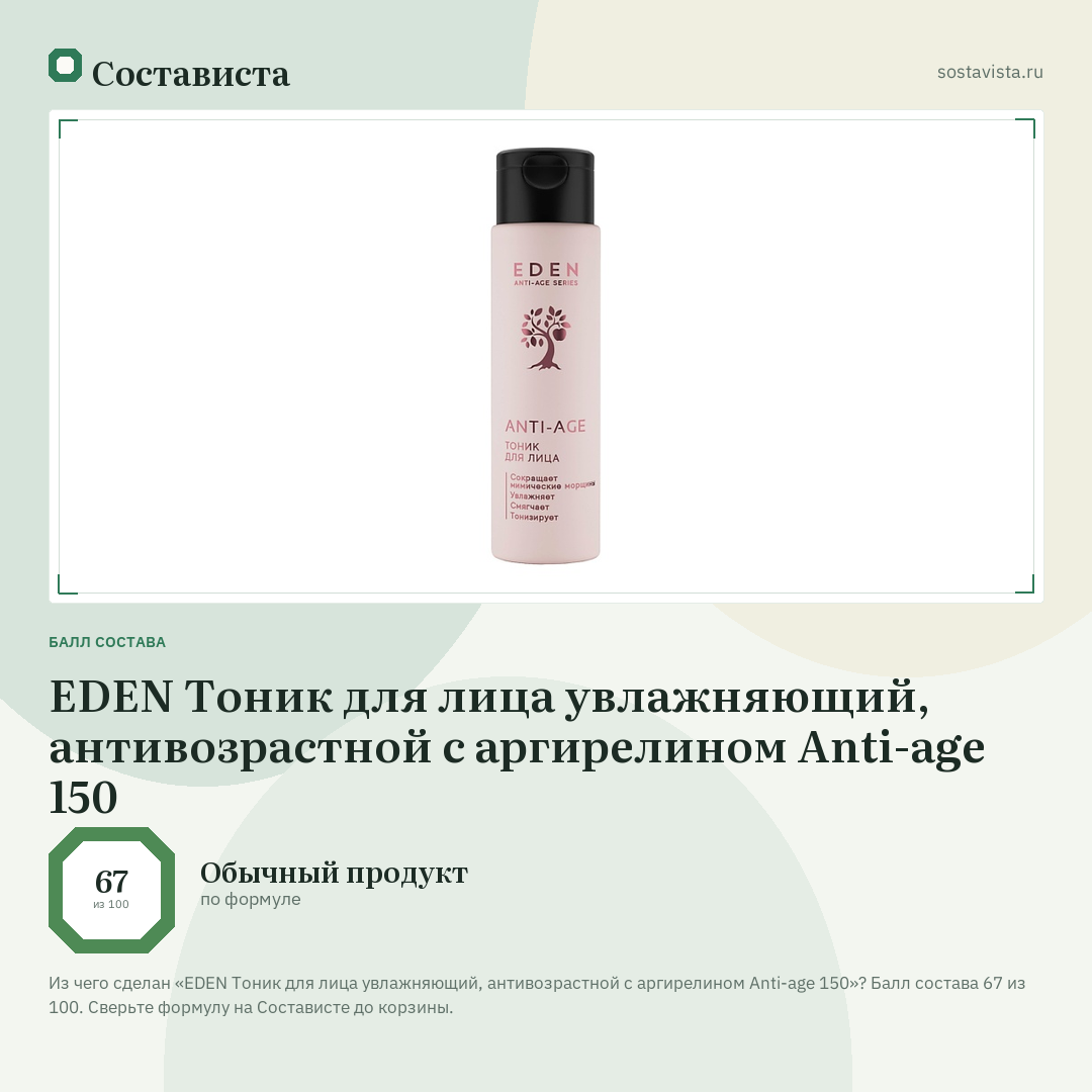 EDEN Тоник для лица увлажняющий, антивозрастной c аргирелином Anti-age 150: балл состава 67 из 100 — Состависта