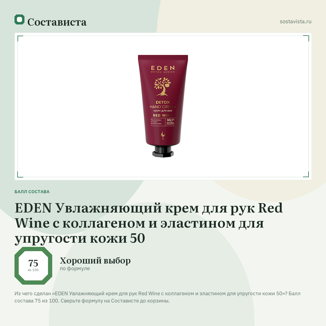 EDEN Увлажняющий крем для рук Red Wine с коллагеном и эластином для упругости кожи 50: балл состава 75 из 100 — Состависта