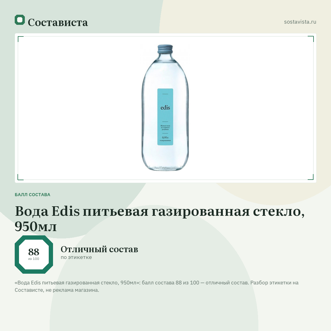 Вода Edis питьевая газированная стекло, 950мл: балл состава 88 из 100 — Состависта