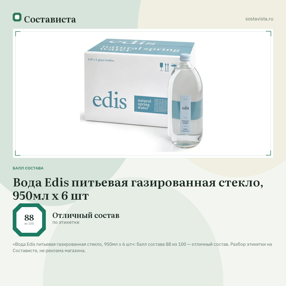 Вода Edis питьевая газированная стекло, 950мл x 6 шт: балл состава 88 из 100 — Состависта