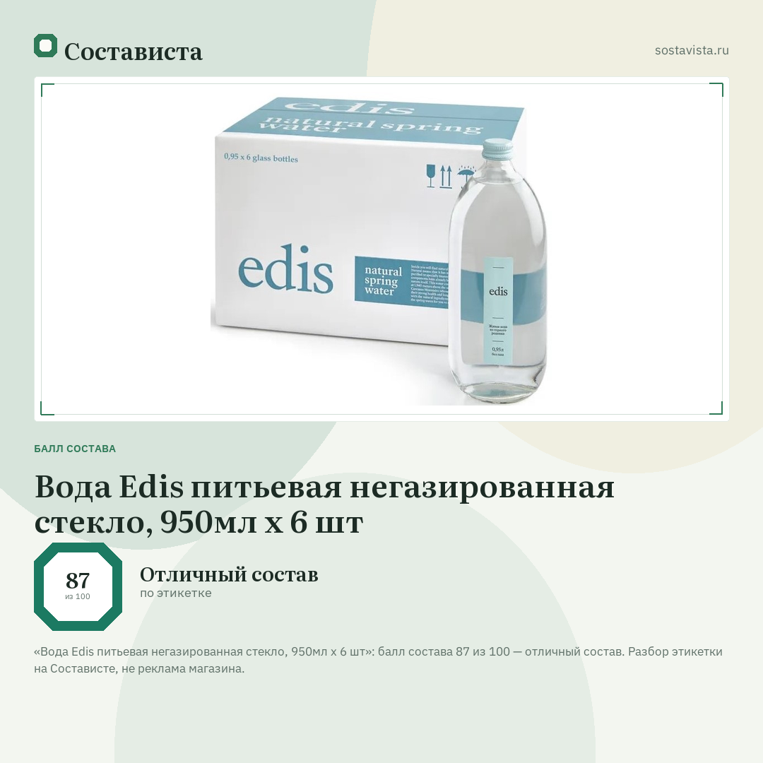 Вода Edis питьевая негазированная стекло, 950мл x 6 шт: балл состава 87 из 100 — Состависта