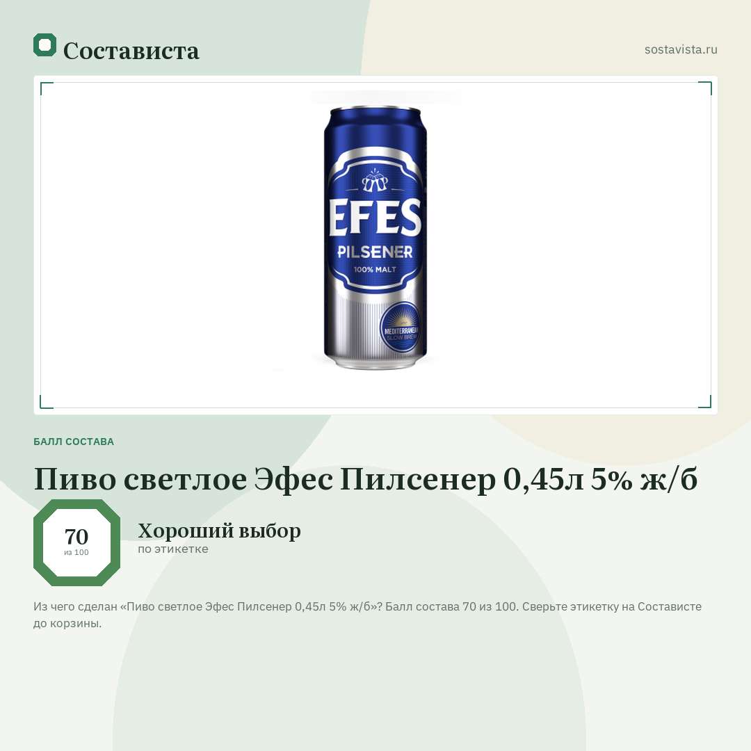 Пиво cветлое Эфес Пилсенер 0,45л 5% ж/б: балл состава 70 из 100 — Состависта