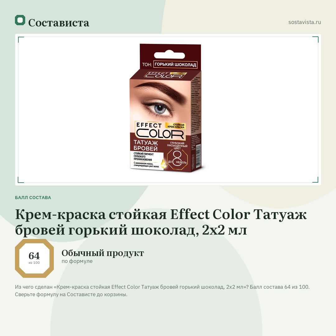 Крем-краска стойкая Effect Color Татуаж бровей горький шоколад, 2x2 мл: балл состава 64 из 100 — Состависта