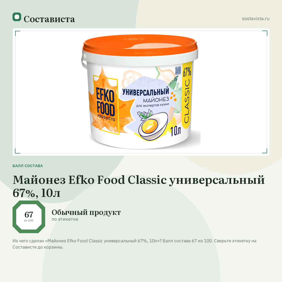 Майонез Efko Food Classic универсальный 67%, 10л: балл состава 67 из 100 — Состависта