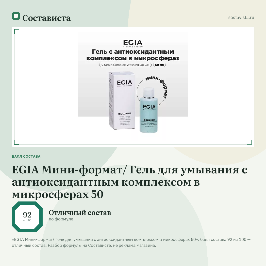 EGIA Мини-формат/ Гель для умывания с антиоксидантным комплексом в микросферах 50: балл состава 92 из 100 — Состависта