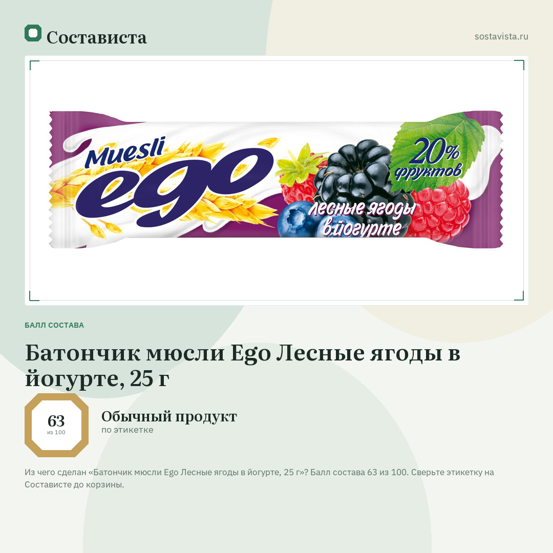 Батончик мюсли Ego Лесные ягоды в йогурте, 25 г: балл состава 63 из 100 — Состависта