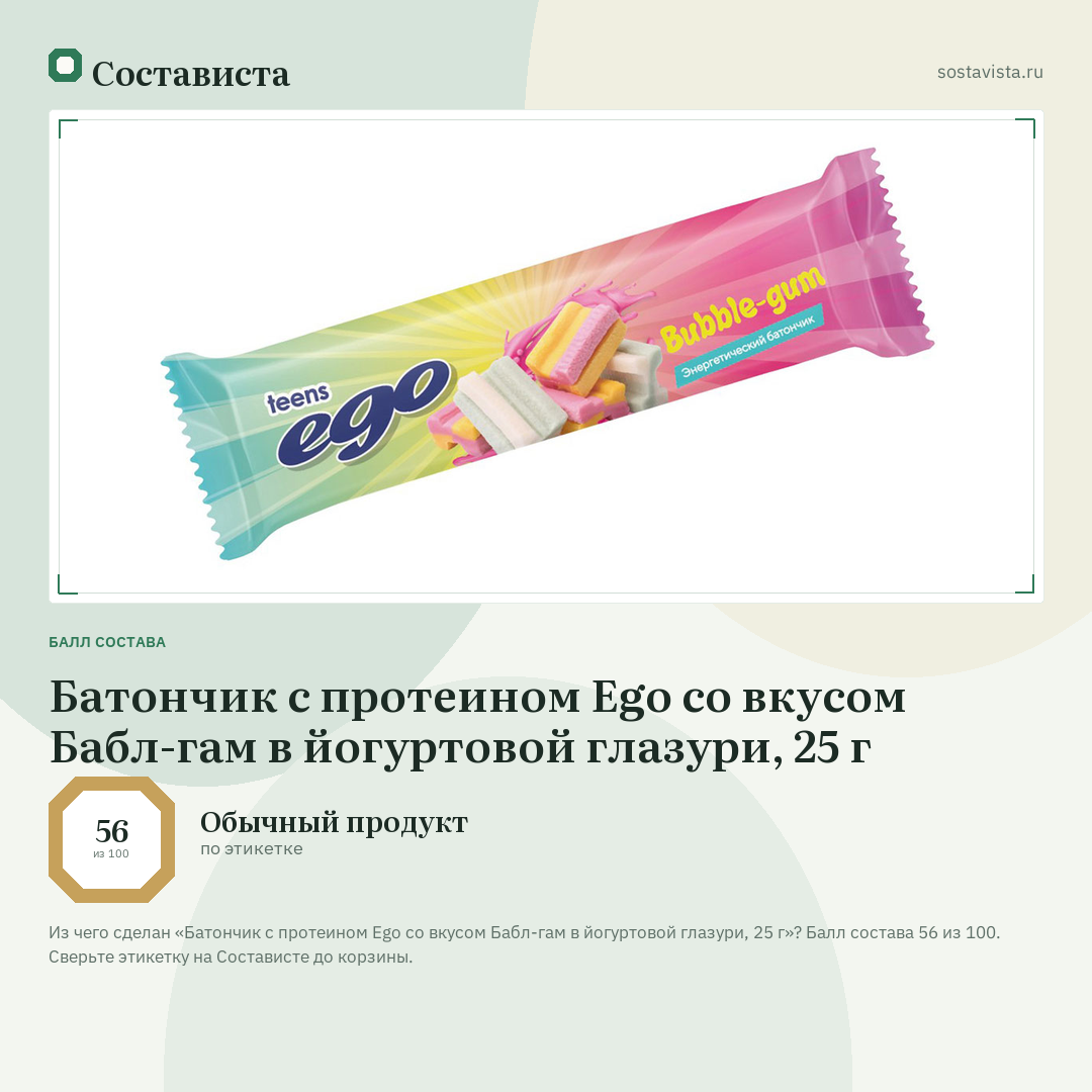 Батончик с протеином Ego со вкусом Бабл-гам в йогуртовой глазури, 25 г: балл состава 56 из 100 — Состависта