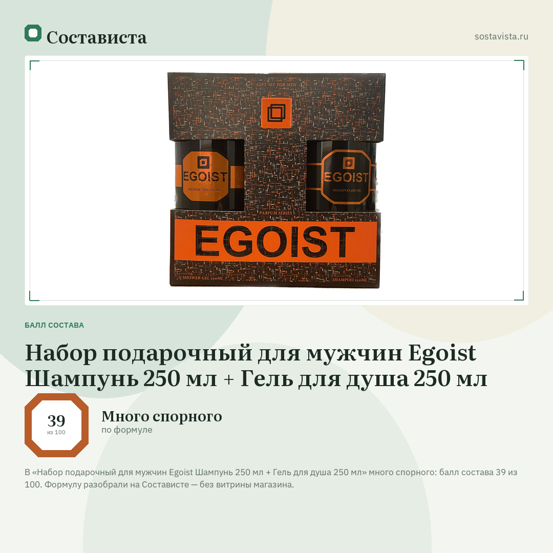 Набор подарочный для мужчин Egoist Шампунь 250 мл + Гель для душа 250 мл: балл состава 39 из 100 — Состависта