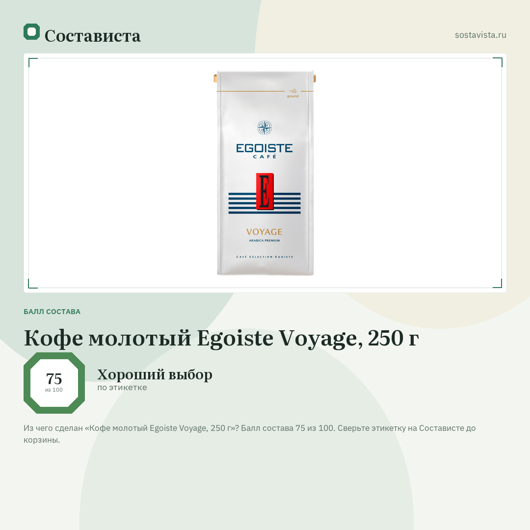 Кофе молотый Egoiste Voyage, 250 г: балл состава 75 из 100 — Состависта
