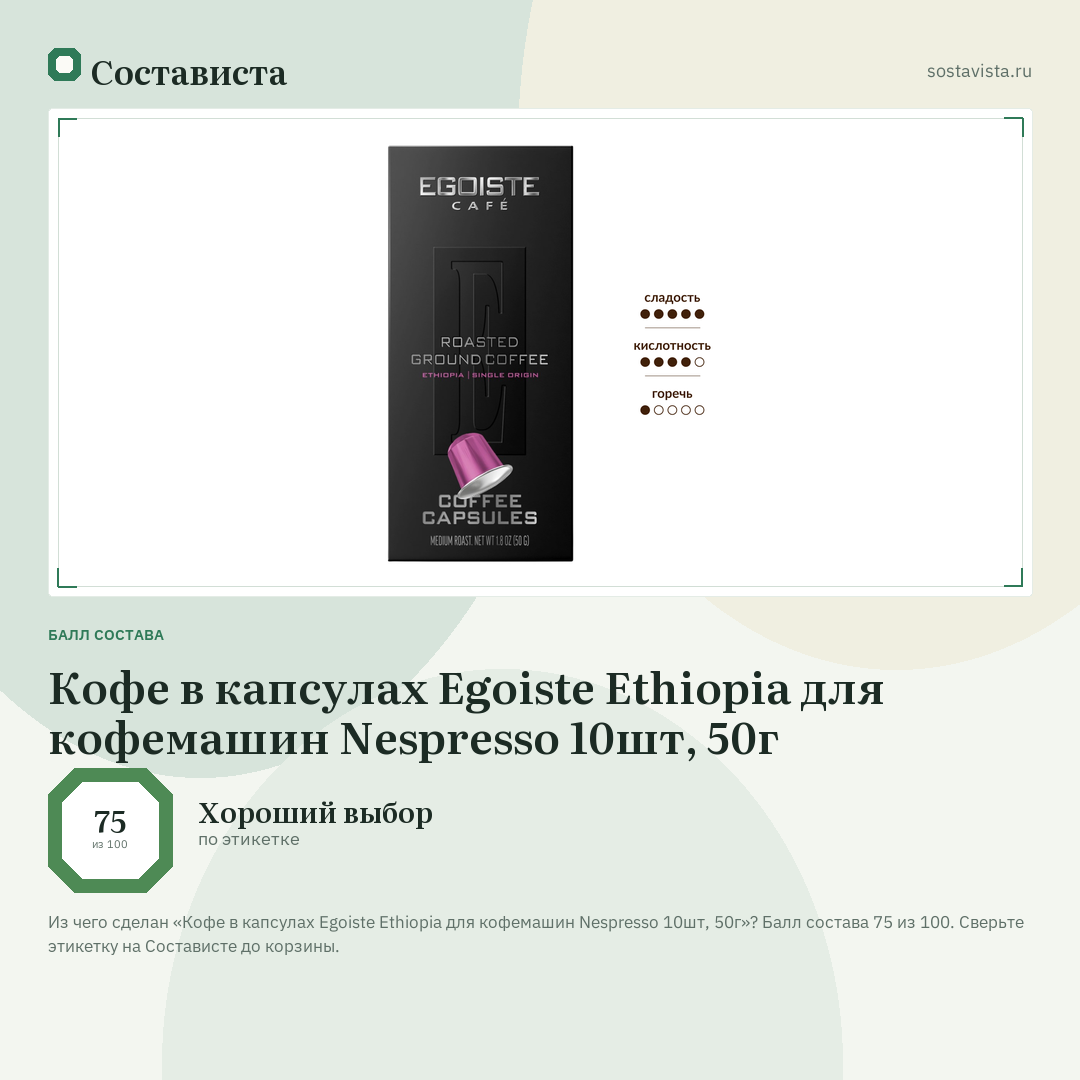 Кофе в капсулах Egoiste Ethiopia для кофемашин Nespresso 10шт, 50г: балл состава 75 из 100 — Состависта