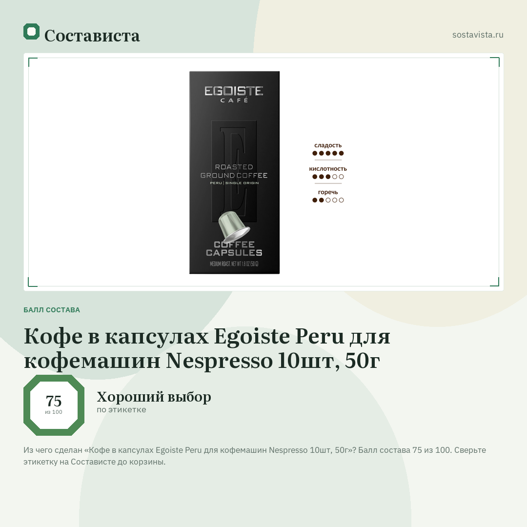 Кофе в капсулах Egoiste Peru для кофемашин Nespresso 10шт, 50г: балл состава 75 из 100 — Состависта