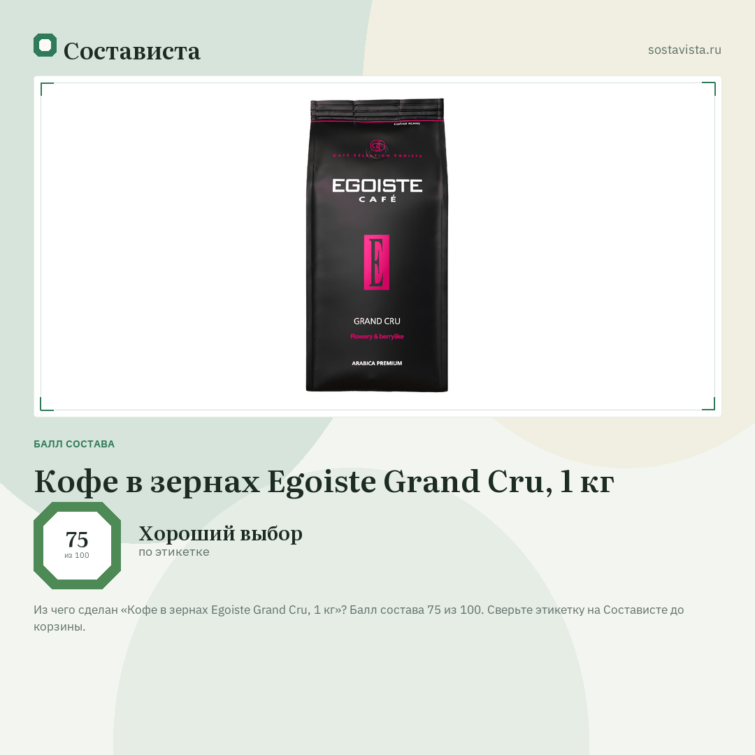 Кофе в зернах Egoiste Grand Cru, 1 кг: балл состава 75 из 100 — Состависта