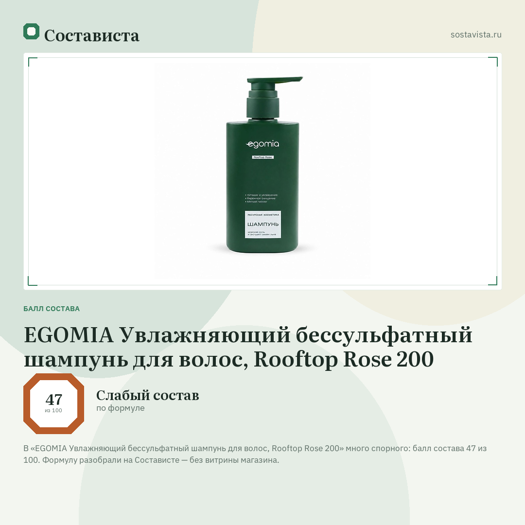EGOMIA Увлажняющий бессульфатный шампунь для волос, Rooftop Rose 200: балл состава 47 из 100 — Состависта