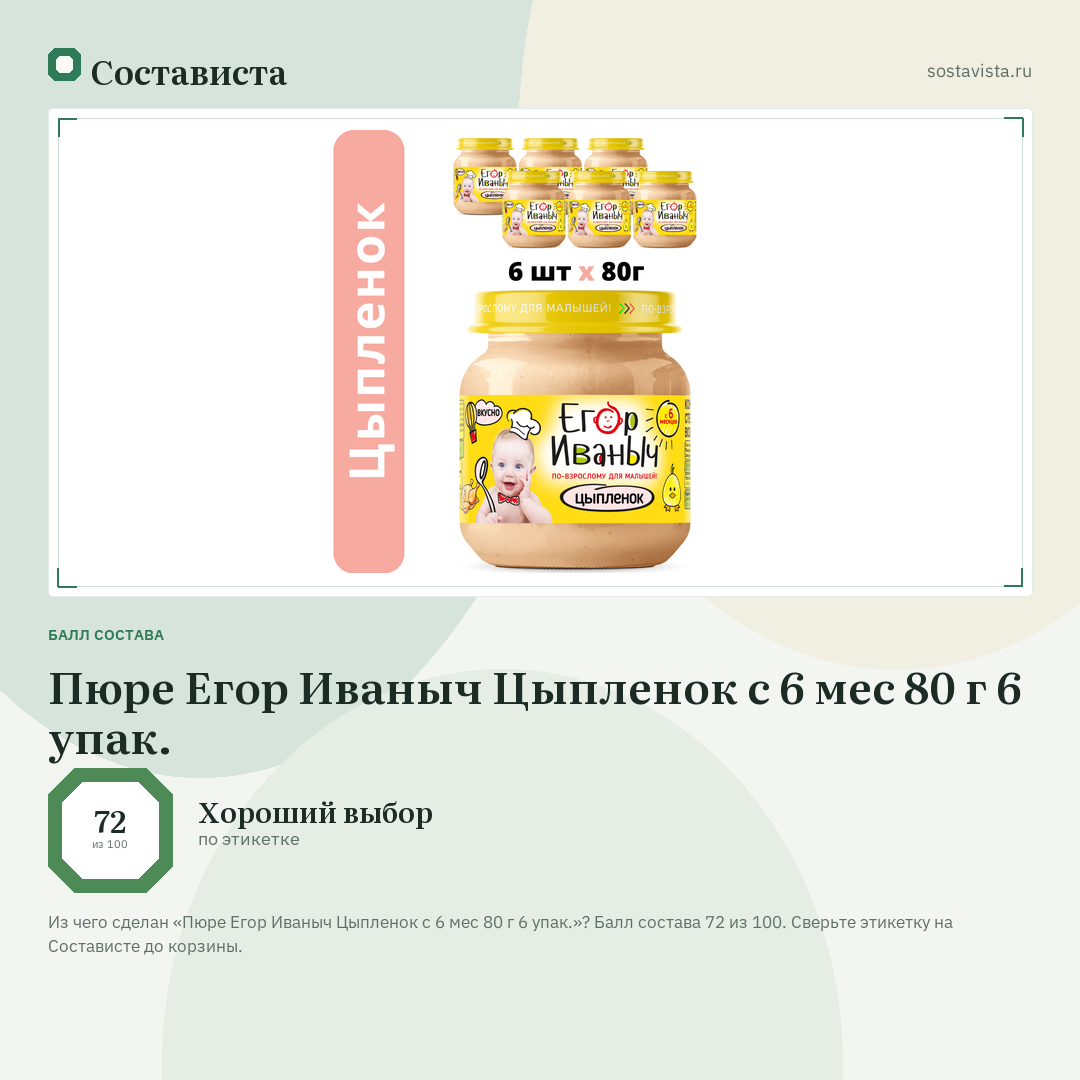 Пюре Егор Иваныч Цыпленок с 6 мес 80 г 6 упак.: балл состава 72 из 100 — Состависта