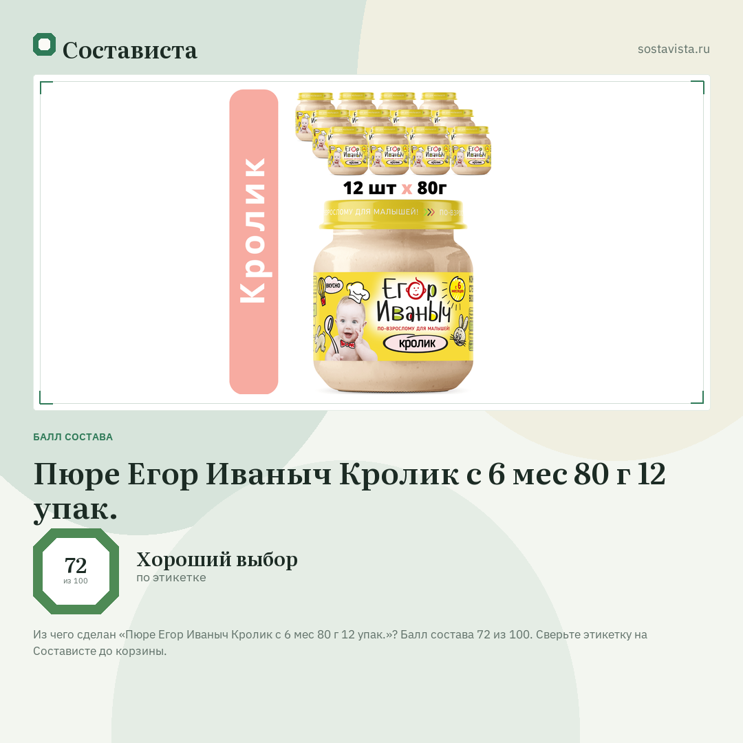 Пюре Егор Иваныч Кролик с 6 мес 80 г 12 упак.: балл состава 72 из 100 — Состависта