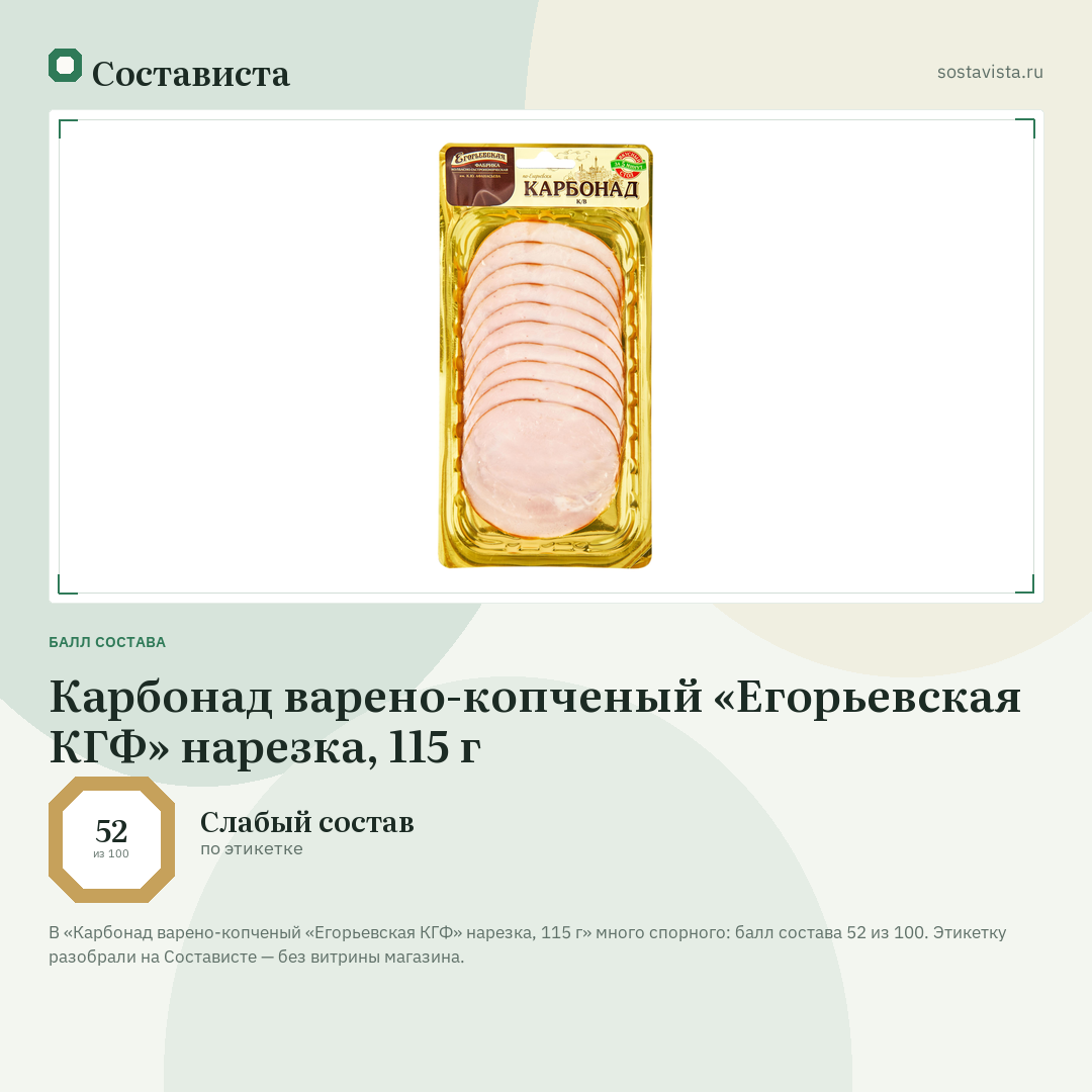Карбонад варено-копченый «Егорьевская КГФ» нарезка, 115 г: балл состава 52 из 100 — Состависта