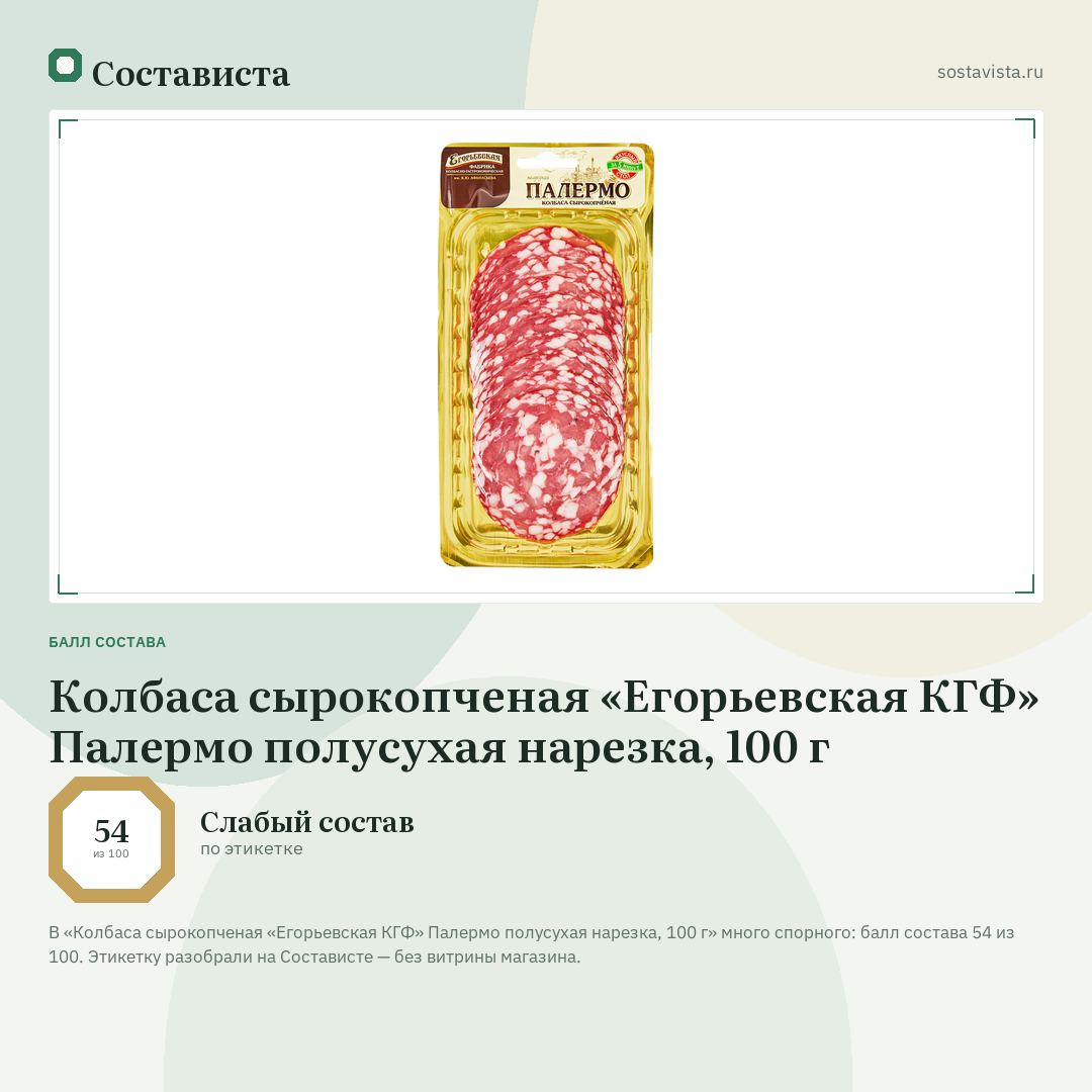 Колбаса сырокопченая «Егорьевская КГФ» Палермо полусухая нарезка, 100 г: балл состава 54 из 100 — Состависта