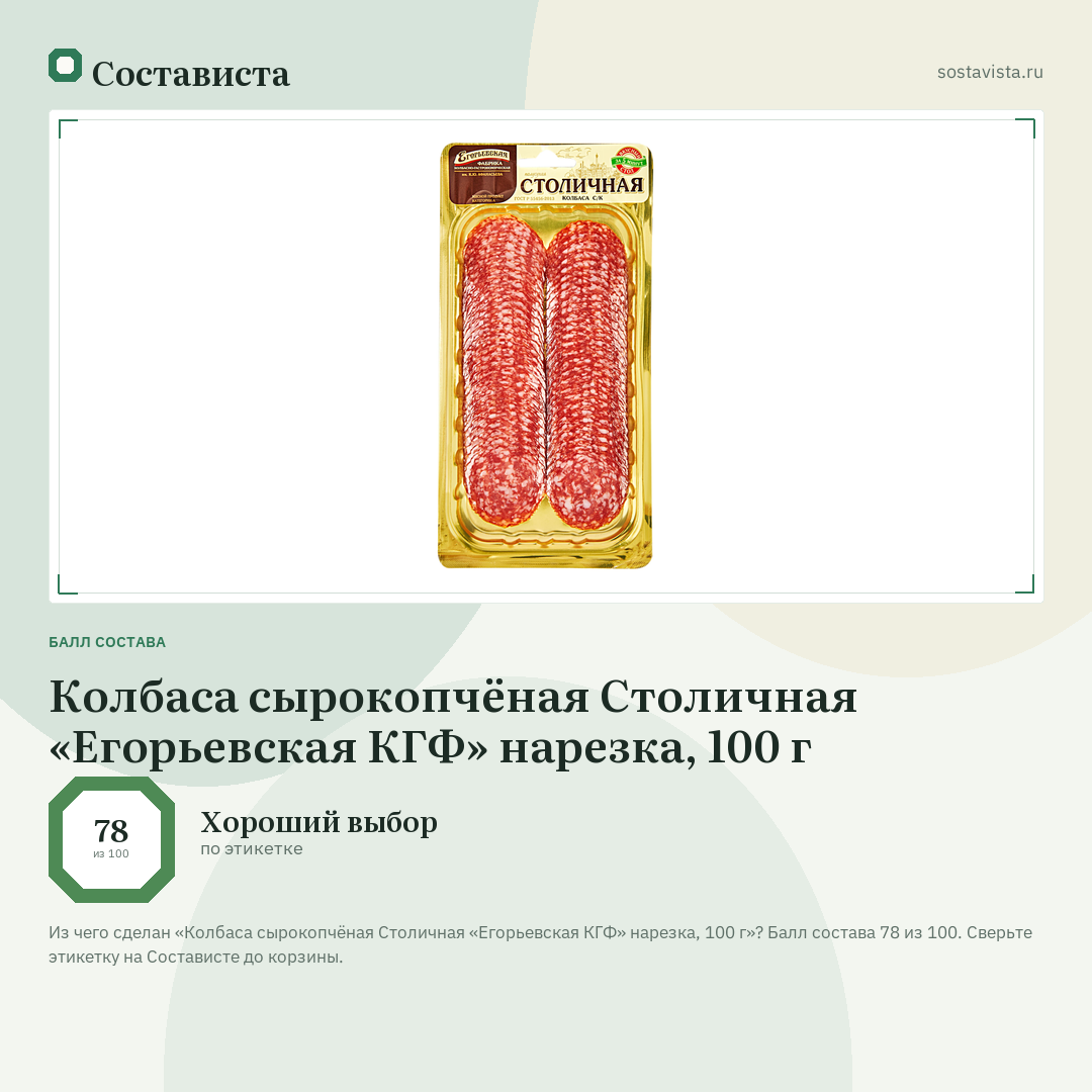 Колбаса сырокопчёная Столичная «Егорьевская КГФ» нарезка, 100 г: балл состава 78 из 100 — Состависта