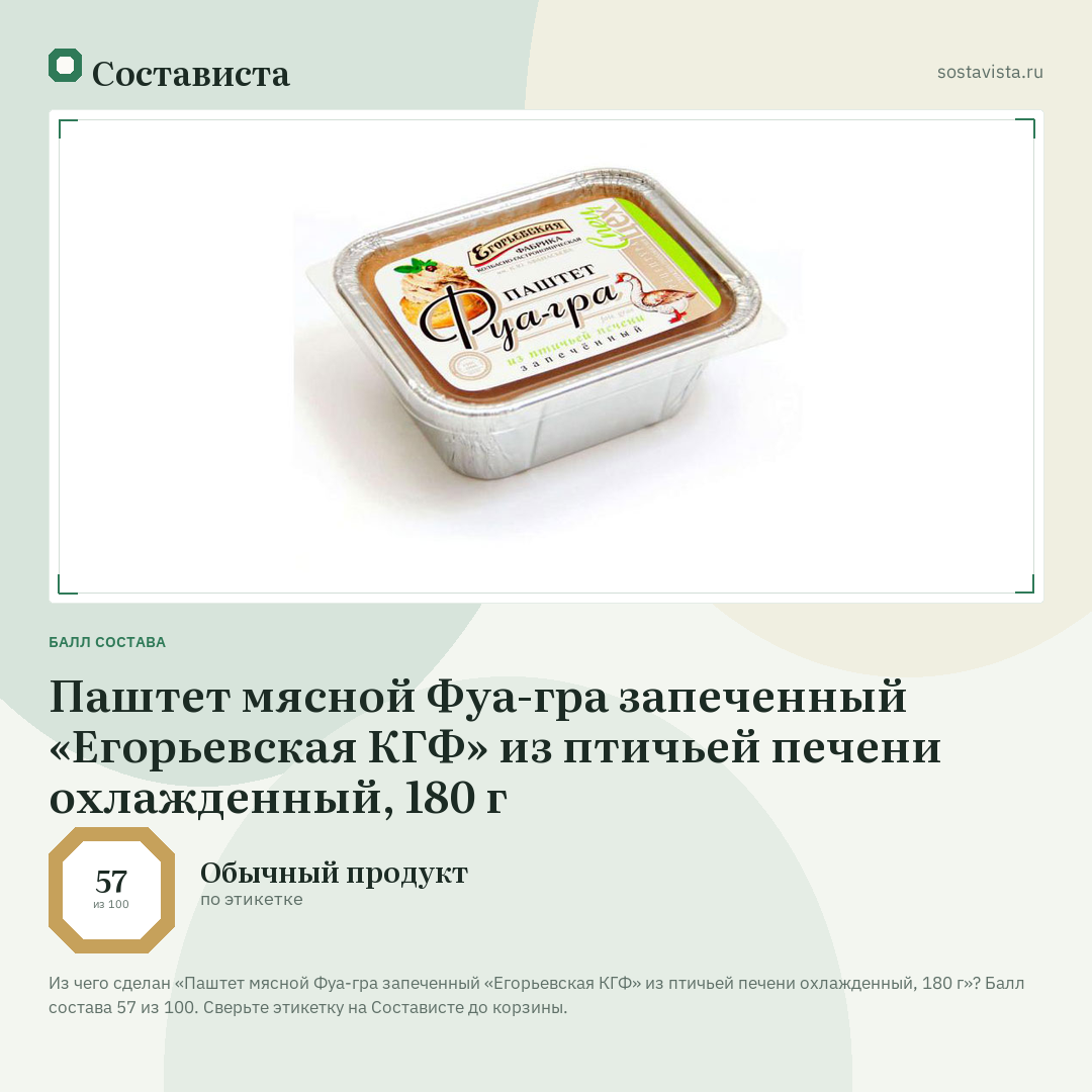 Паштет мясной Фуа-гра запеченный «Егорьевская КГФ» из птичьей печени охлажденный, 180 г: балл состава 57 из 100 — Состависта