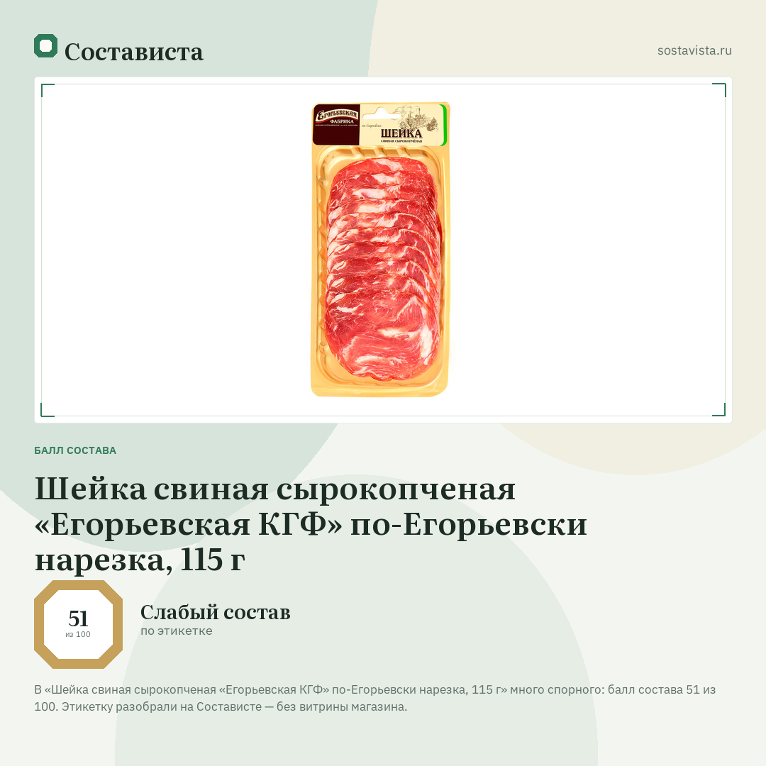 Шейка свиная сырокопченая «Егорьевская КГФ» по-Егорьевски нарезка, 115 г: балл состава 51 из 100 — Состависта
