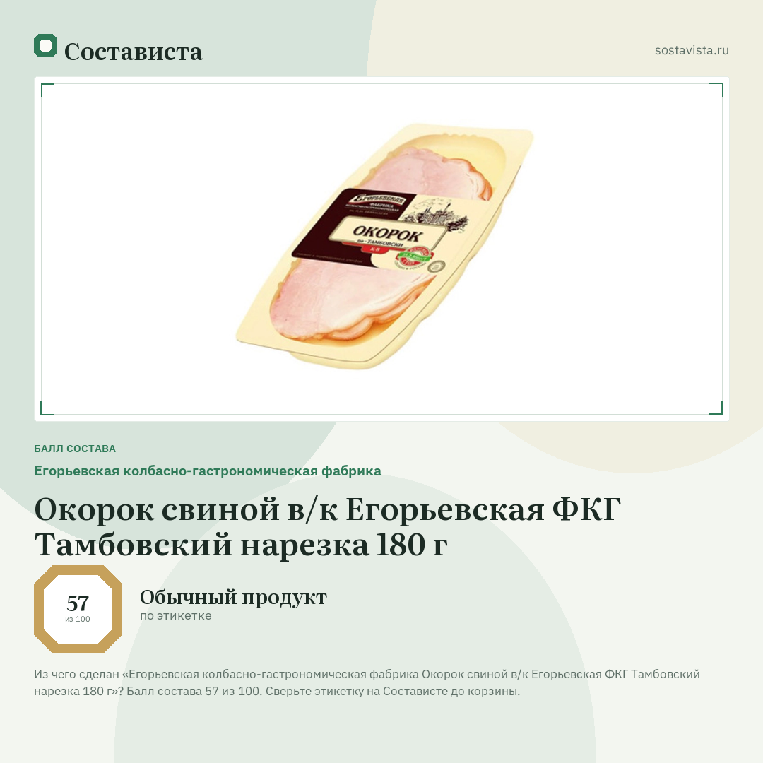 Егорьевская колбасно-гастрономическая фабрика Окорок свиной в/к Егорьевская ФКГ Тамбовский нарезка 180 г: балл состава 57 из 100 — Состависта