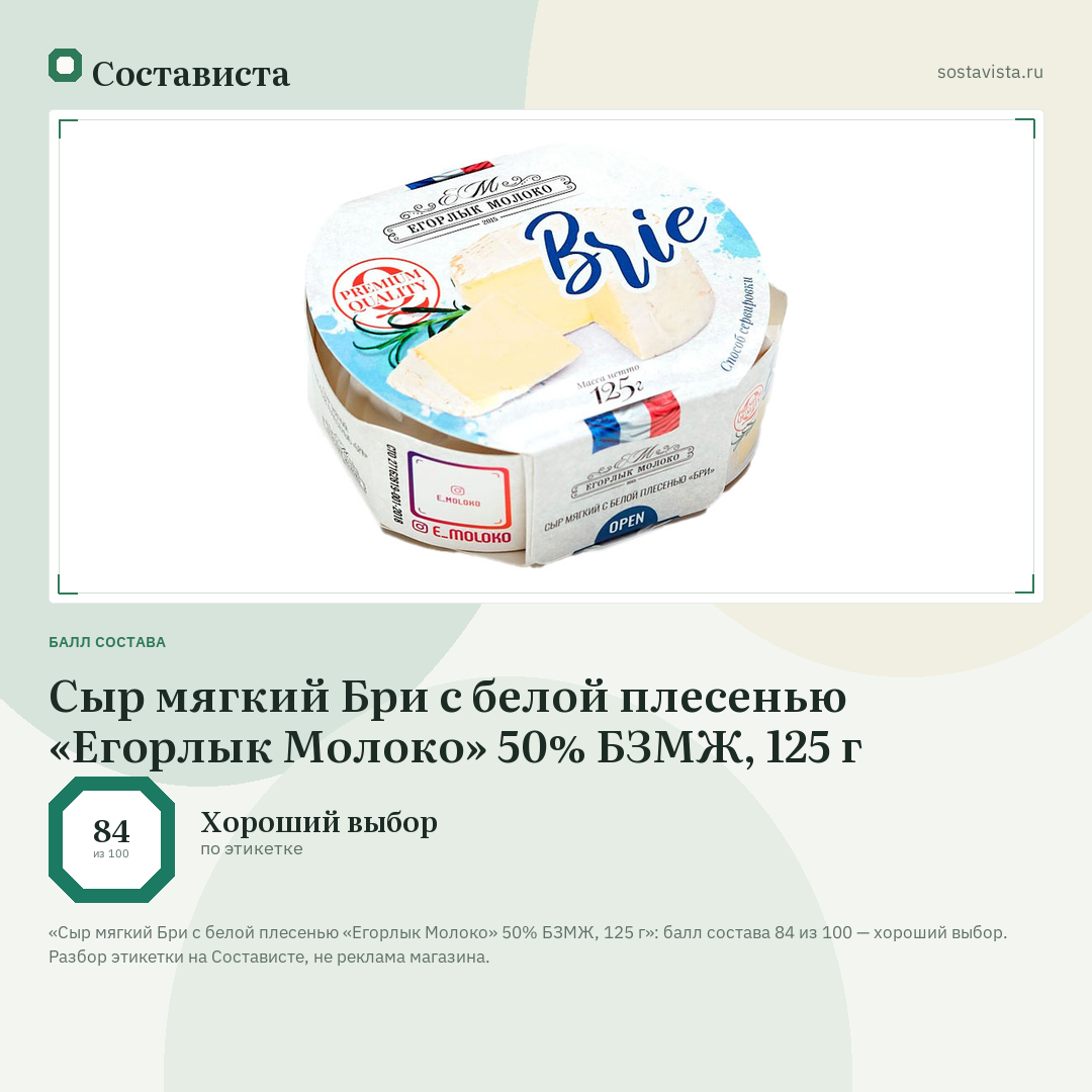 Сыр мягкий Бри с белой плесенью «Егорлык Молоко» 50% БЗМЖ, 125 г: балл состава 84 из 100 — Состависта