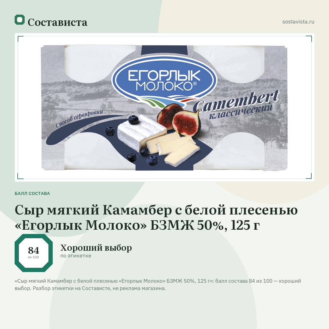 Сыр мягкий Камамбер с белой плесенью «Егорлык Молоко» БЗМЖ 50%, 125 г: балл состава 84 из 100 — Состависта