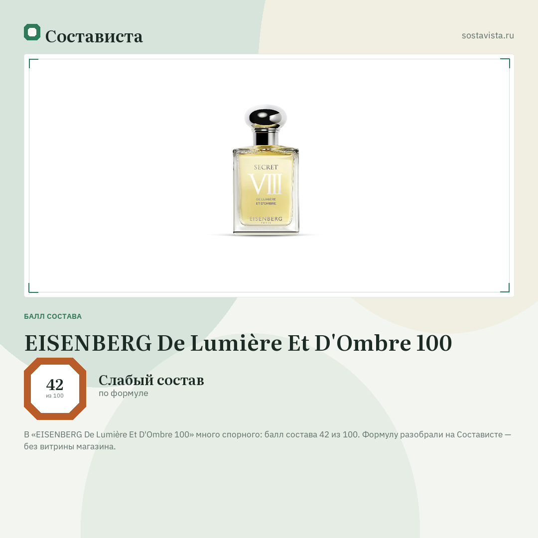 EISENBERG De Lumière Et D'Ombre 100: балл состава 42 из 100 — Состависта