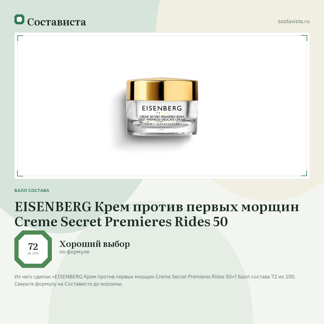 EISENBERG Крем против первых морщин Creme Secret Premieres Rides 50: балл состава 72 из 100 — Состависта