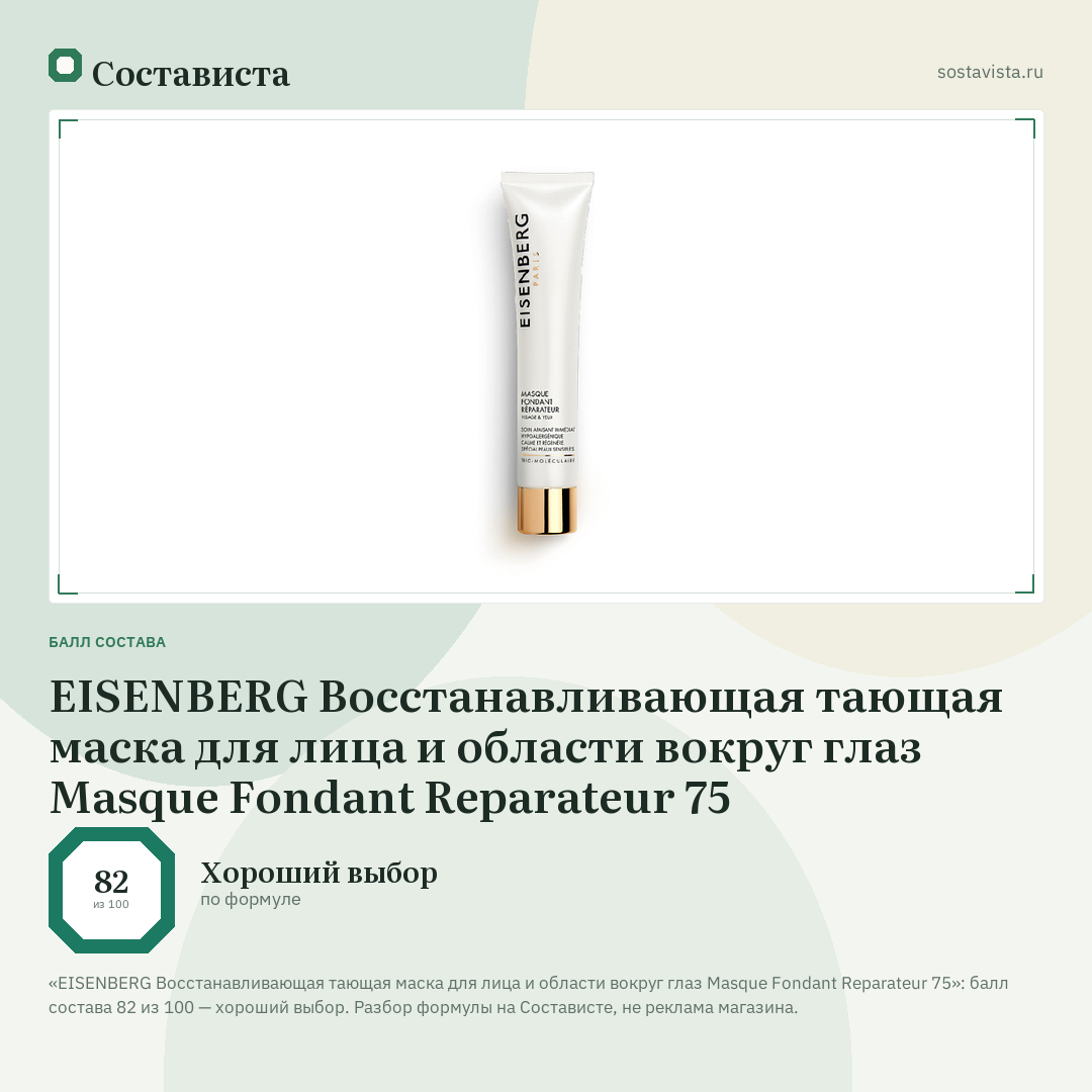 EISENBERG Восстанавливающая тающая маска для лица и области вокруг глаз Masque Fondant Reparateur 75: балл состава 82 из 100 — Состависта
