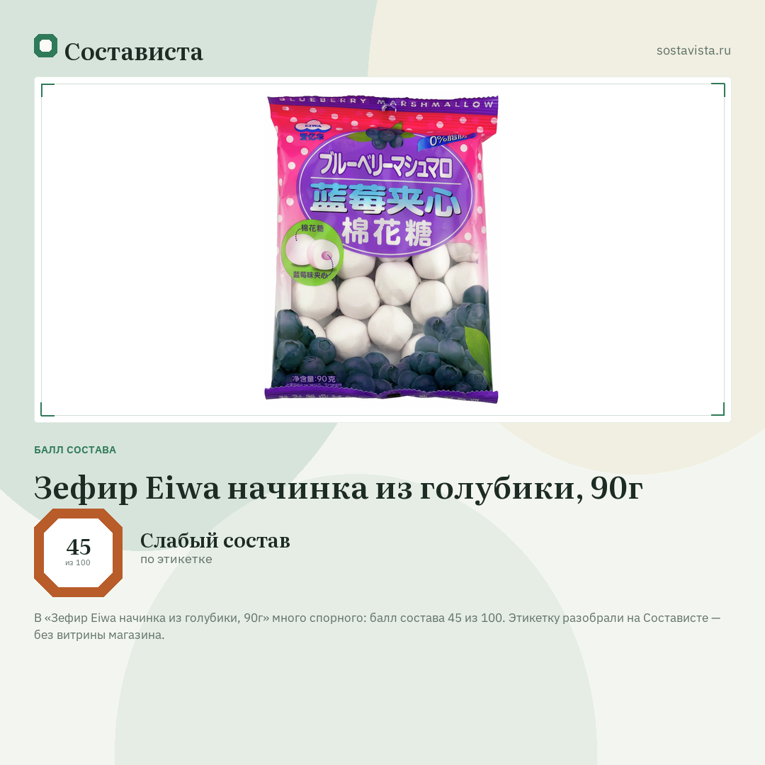 Зефир Eiwa начинка из голубики, 90г: балл состава 45 из 100 — Состависта